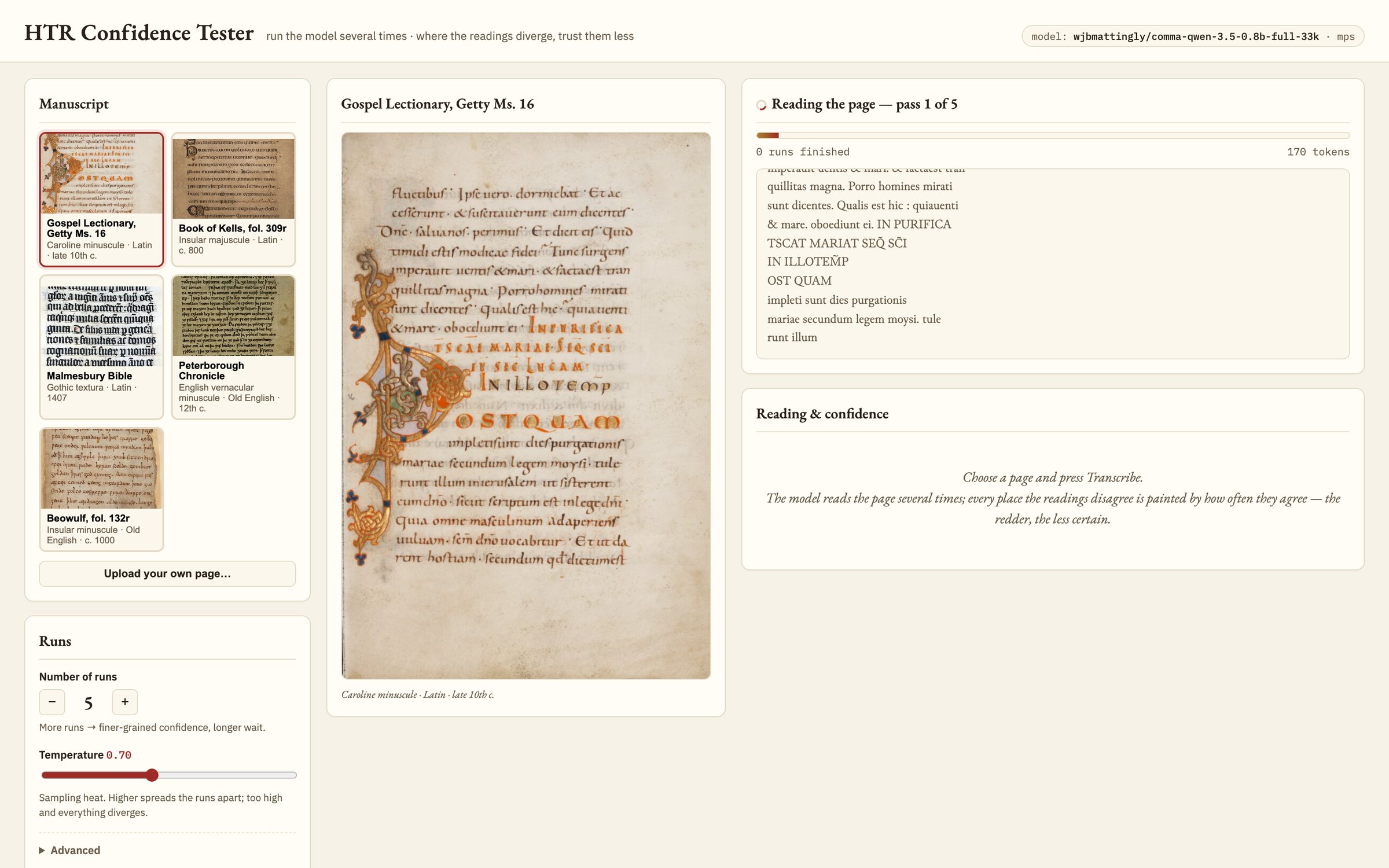 The app mid-run: the progress panel shows pass 1 of 5 with the transcription appearing line by line.