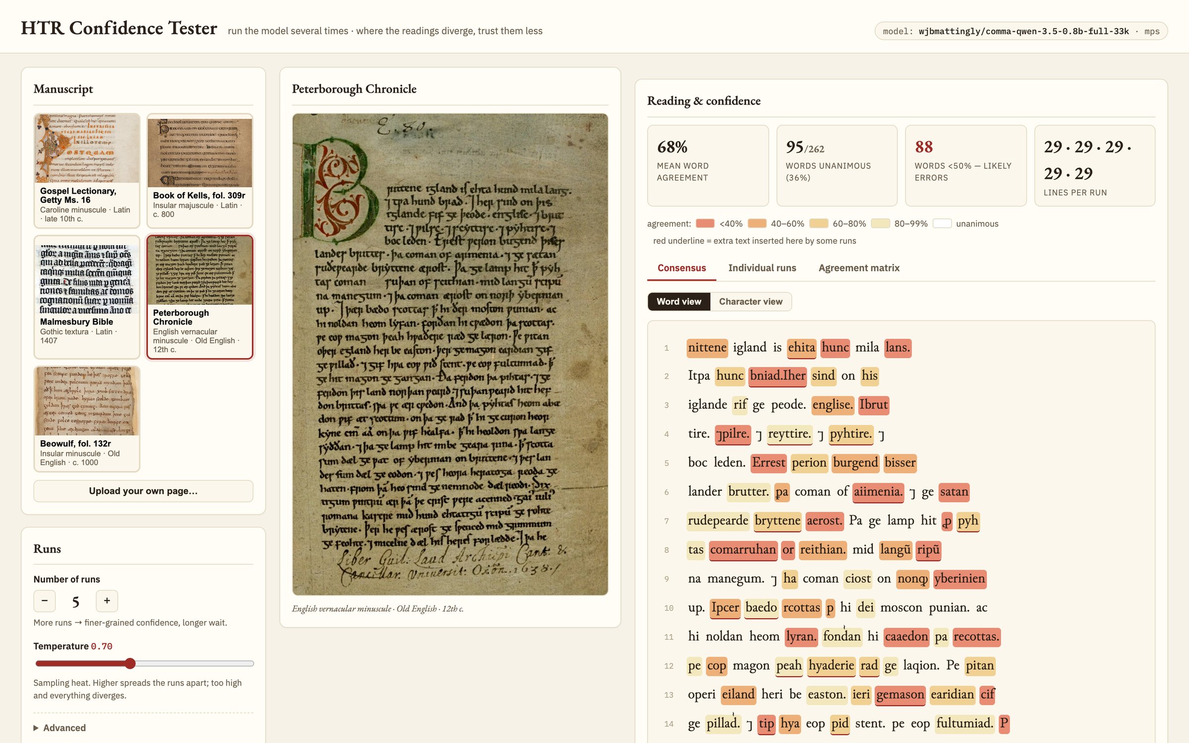 The app with the Peterborough Chronicle loaded: the transcription on the right is heavily colored, with most lines containing several amber and red words.