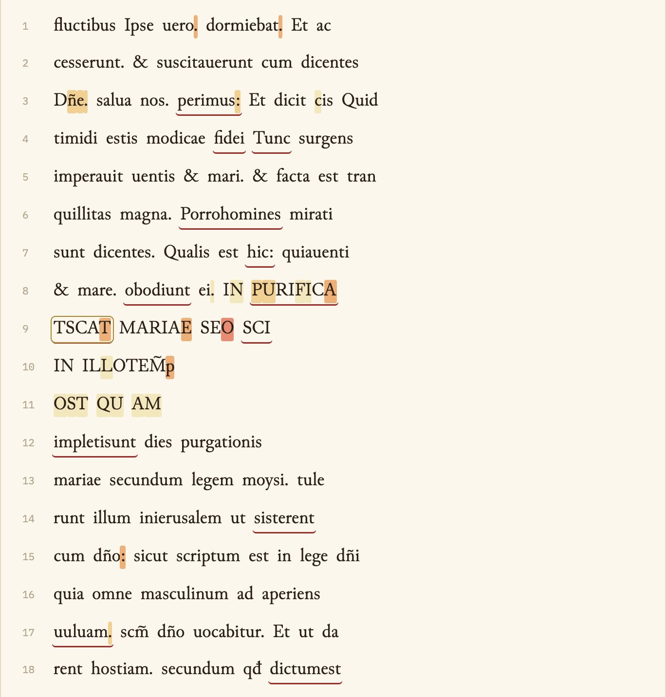 Character view of the Getty page: most letters are plain, with individual letters highlighted inside abbreviations, punctuation marks, and the rubric capitals.