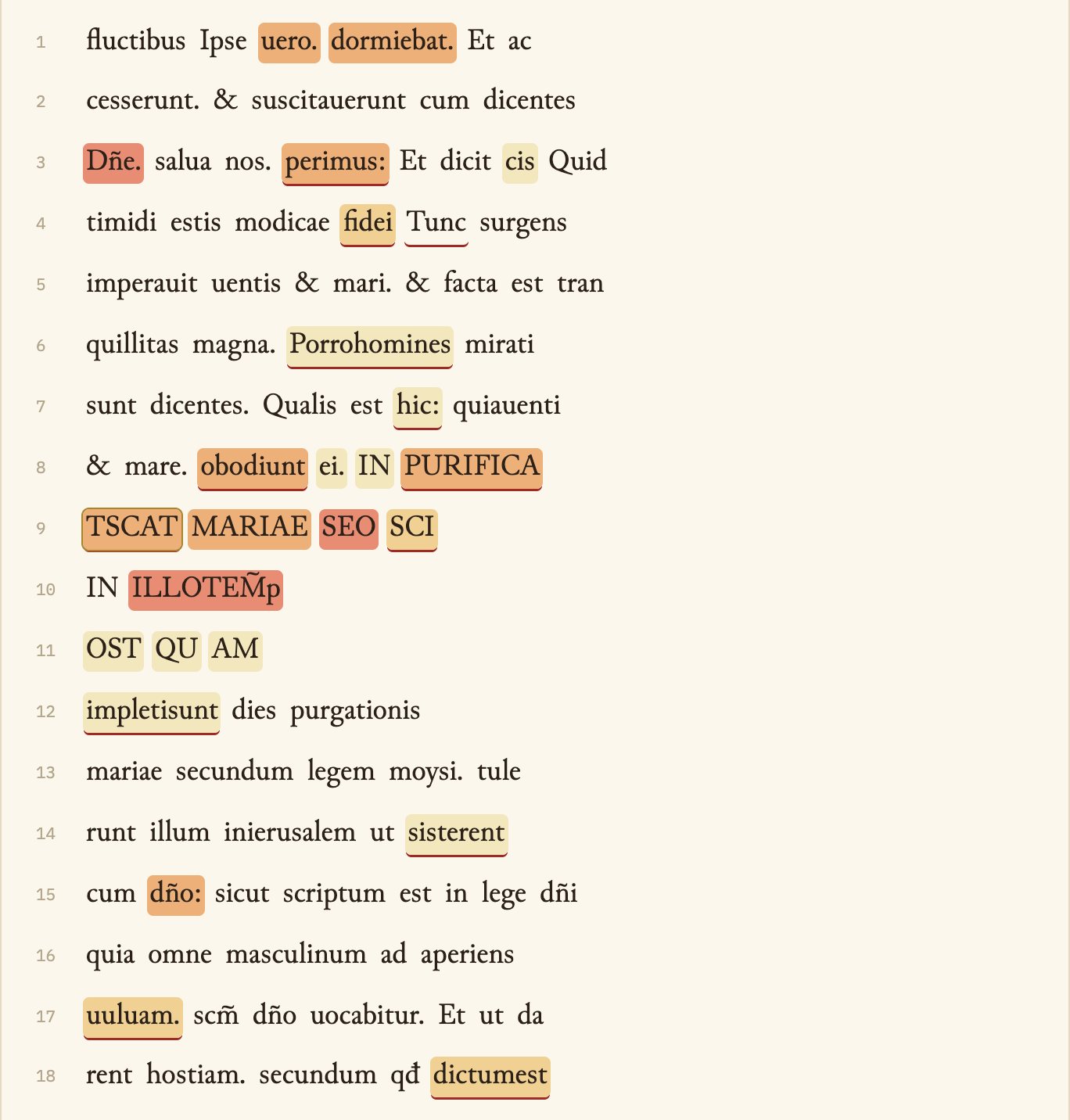 The full consensus transcription of the Getty page, word view. Most words are unhighlighted; color concentrates on abbreviations, punctuation, and the orange rubric lines near the middle.
