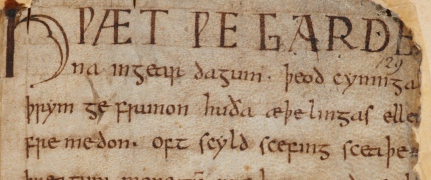 The opening of Beowulf: HWÆT WE GARDE in large capitals after a tall initial, then lines of insular minuscule.