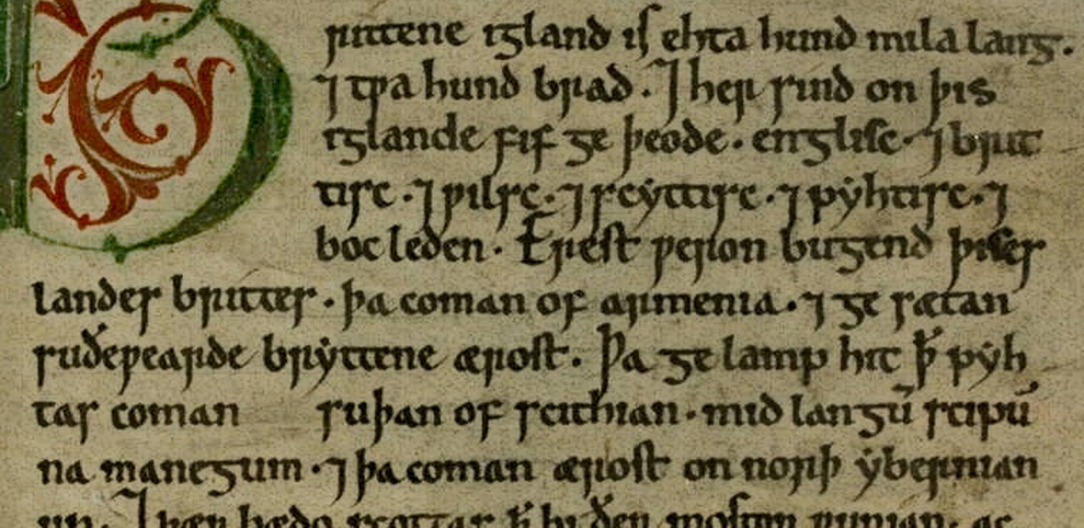 The opening lines of the Peterborough Chronicle in dark brown insular minuscule, with thorns, wynns, and Tironian et signs visible.