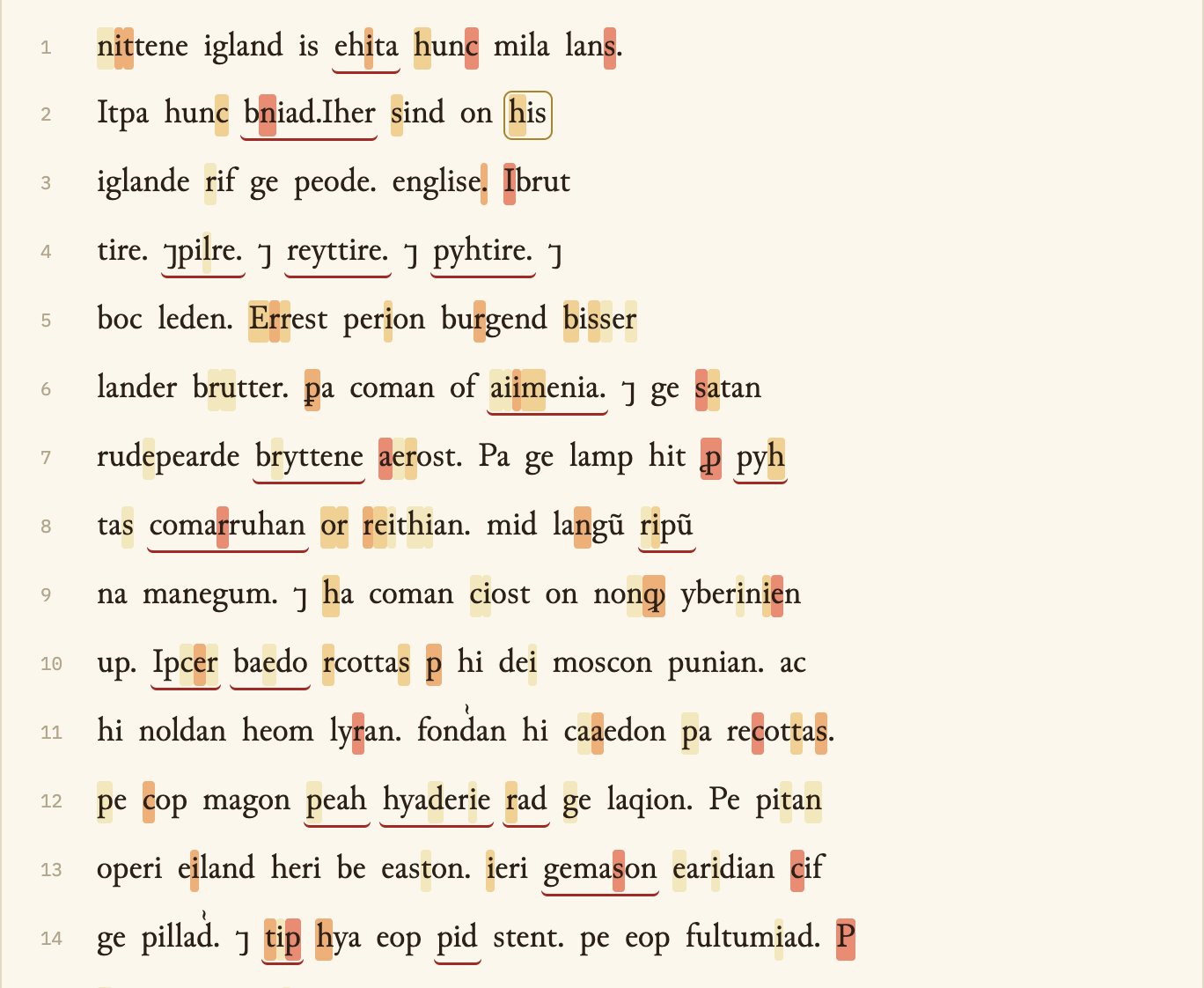 Character view of the Peterborough transcription: individual letters highlighted throughout, especially r, s, and the barred thorns.